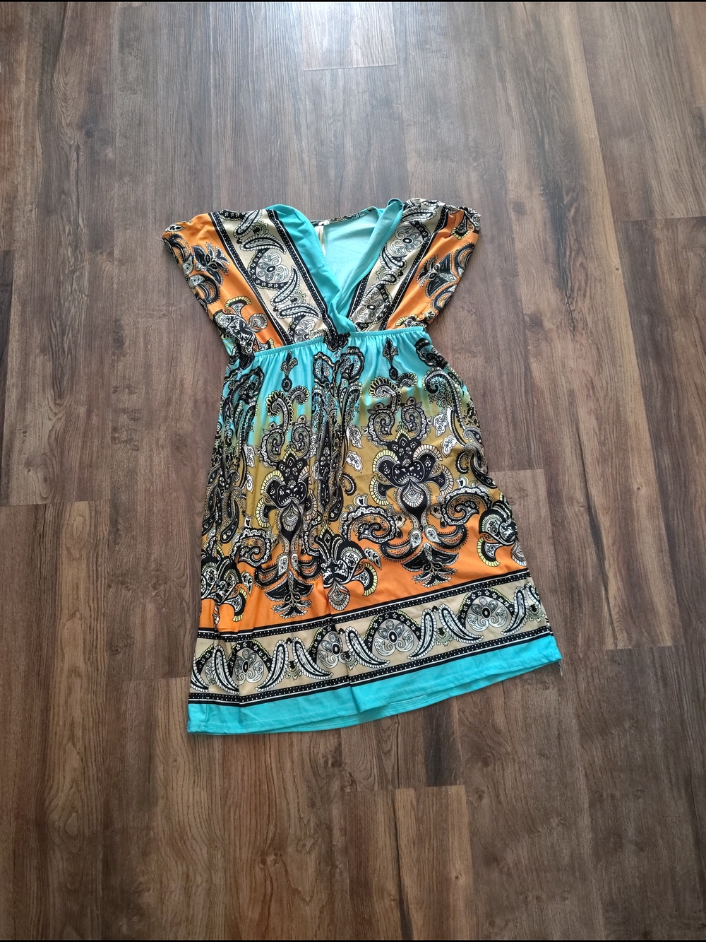 Cristinalove Turquoise & Orange Paisley V-Neck Midi Dress